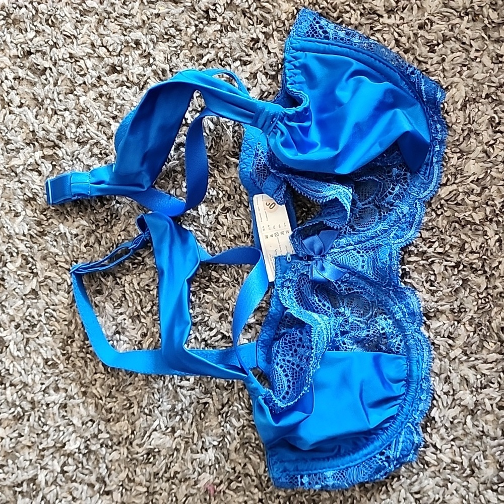 Simone Perele 32D French Lace Bra - Blue with Silk Details